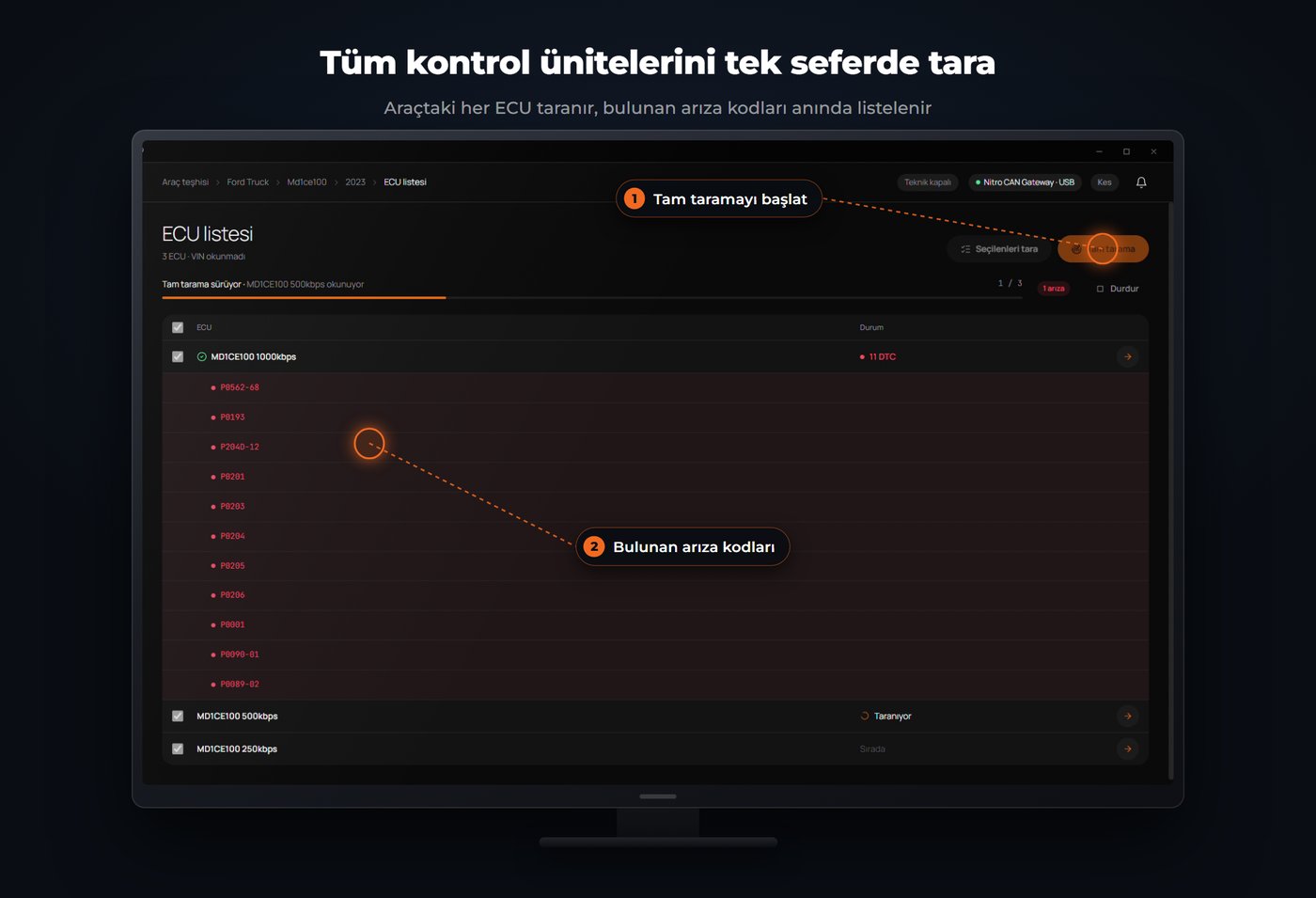 OBDTalk-Desktop ile tüm kontrol ünitelerini tek seferde tarama ekranı